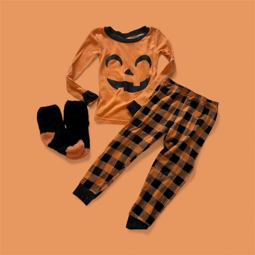 Kids 4T Halloween Pajama Set Pumpkin Buffalo Plaid PJs Socks